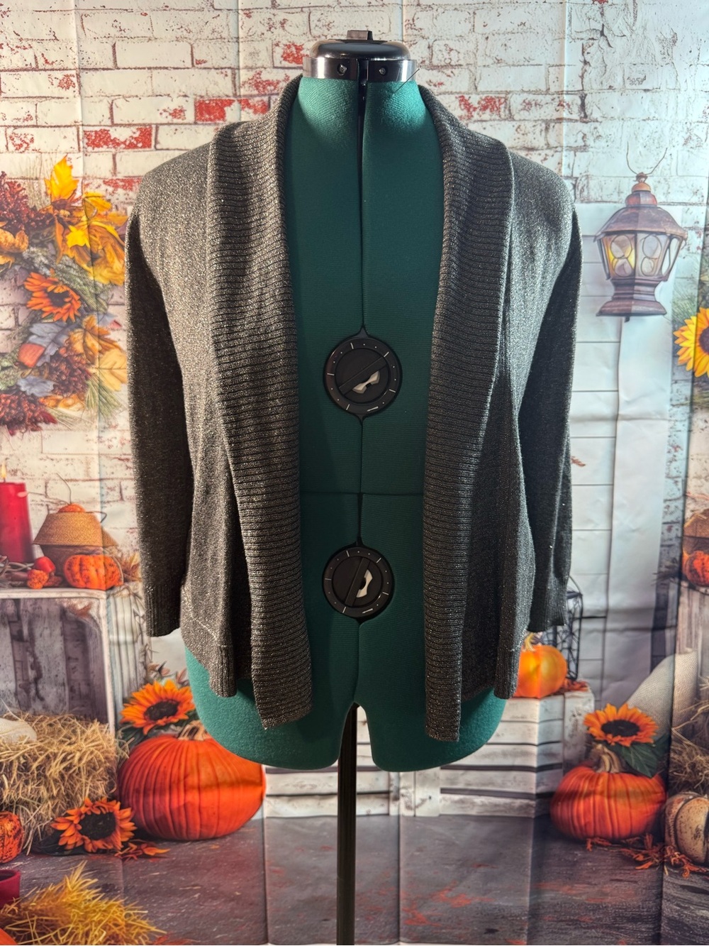 126-Women's Open-Front Charcoal Ribbed Shawl Collar Cardigan